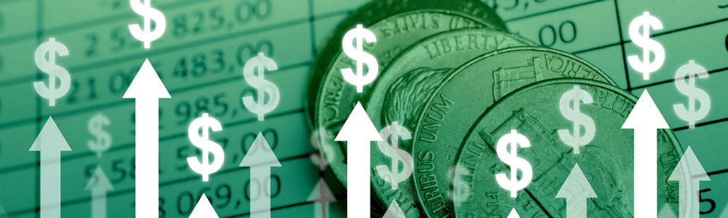 Dollar signs and arrows pointing up on top of an image of coins and a spreadsheet of numbers