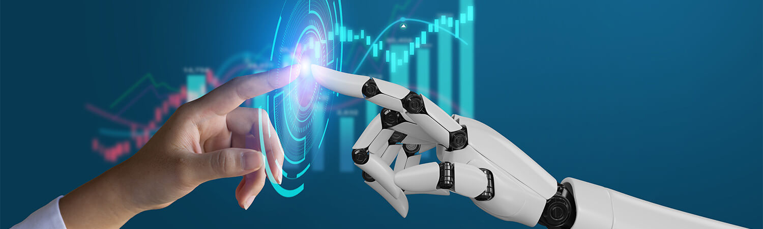 Photo illustration showing a human hand touching a robotic hand with digital imagery coming out of their touchpoint