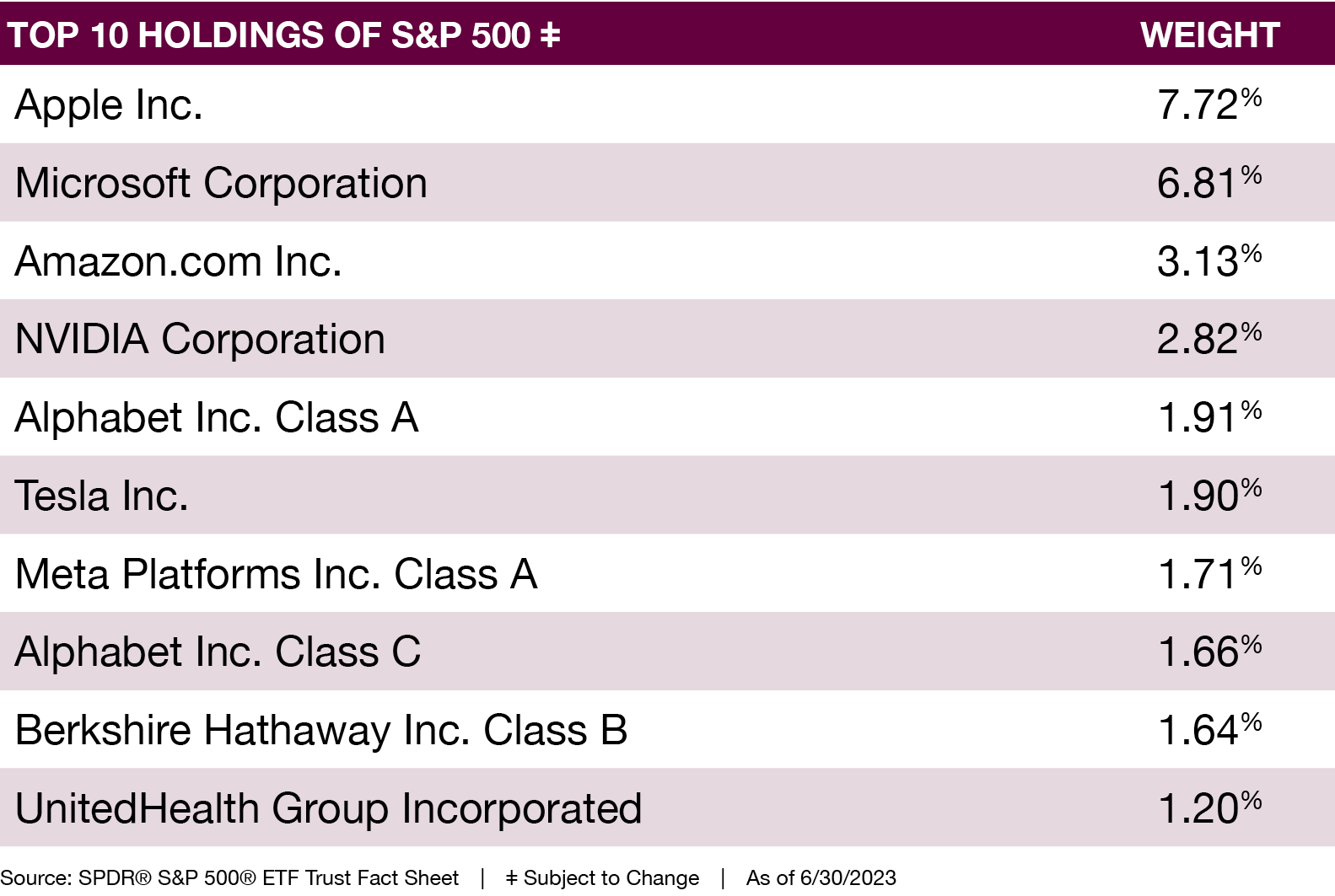 A chart showing the top 10 holdings of the S&P 500