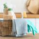 Cleaning supplies sit on a countertop