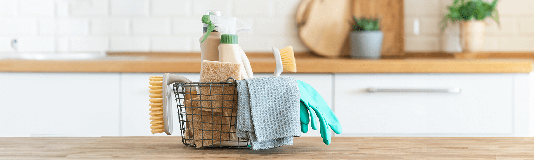 Cleaning supplies sit on a countertop